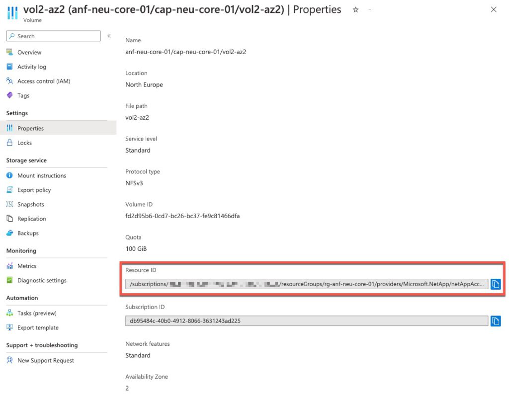 Select destination volume properties and Resource ID