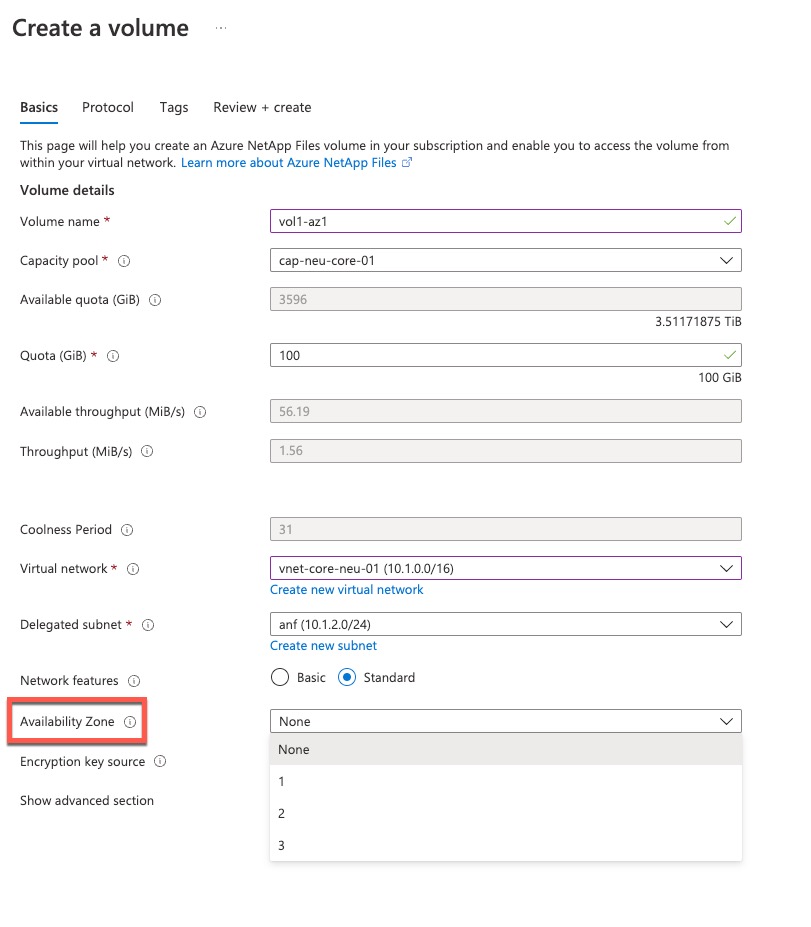 Add new ANF volume, on the basics page, select the AZ you wish to use.